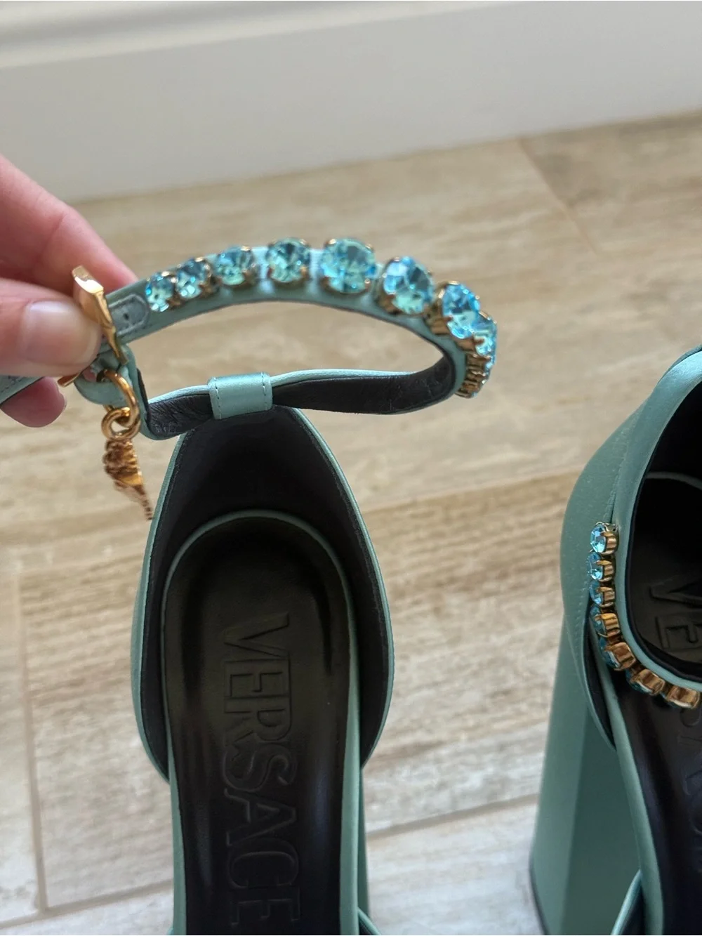 Versace Aevitas Medusa Satin Mint Platform Ankle-Strap Pumps Size 39.5
